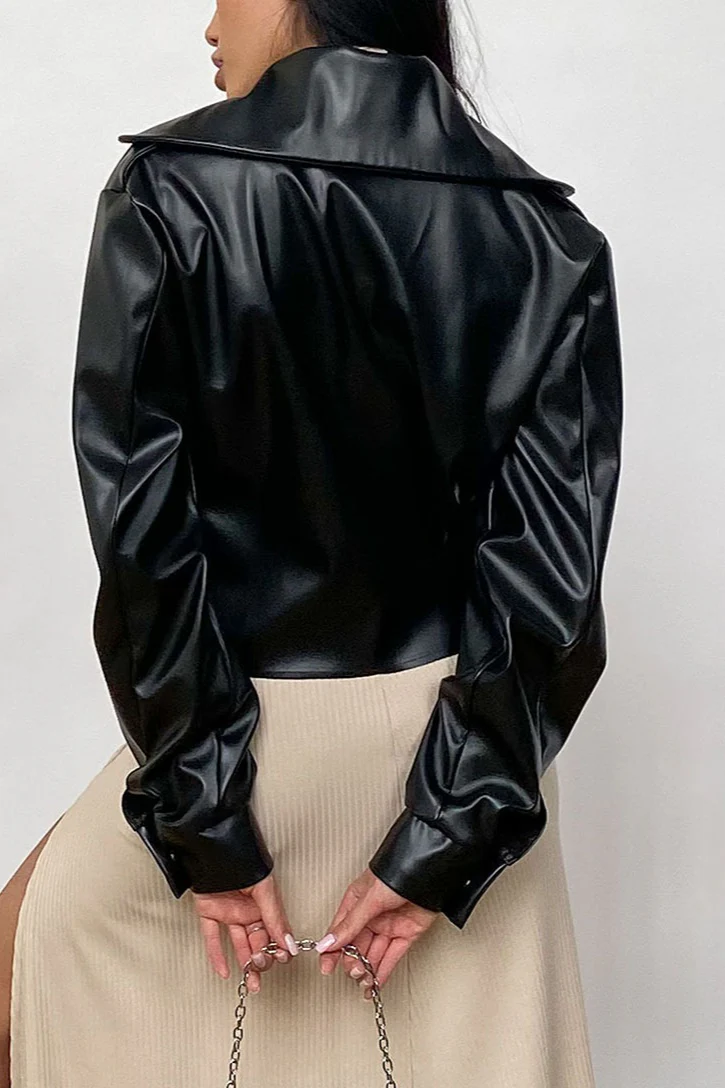 Oversized Collar Leather Biker Jacket - Image 6