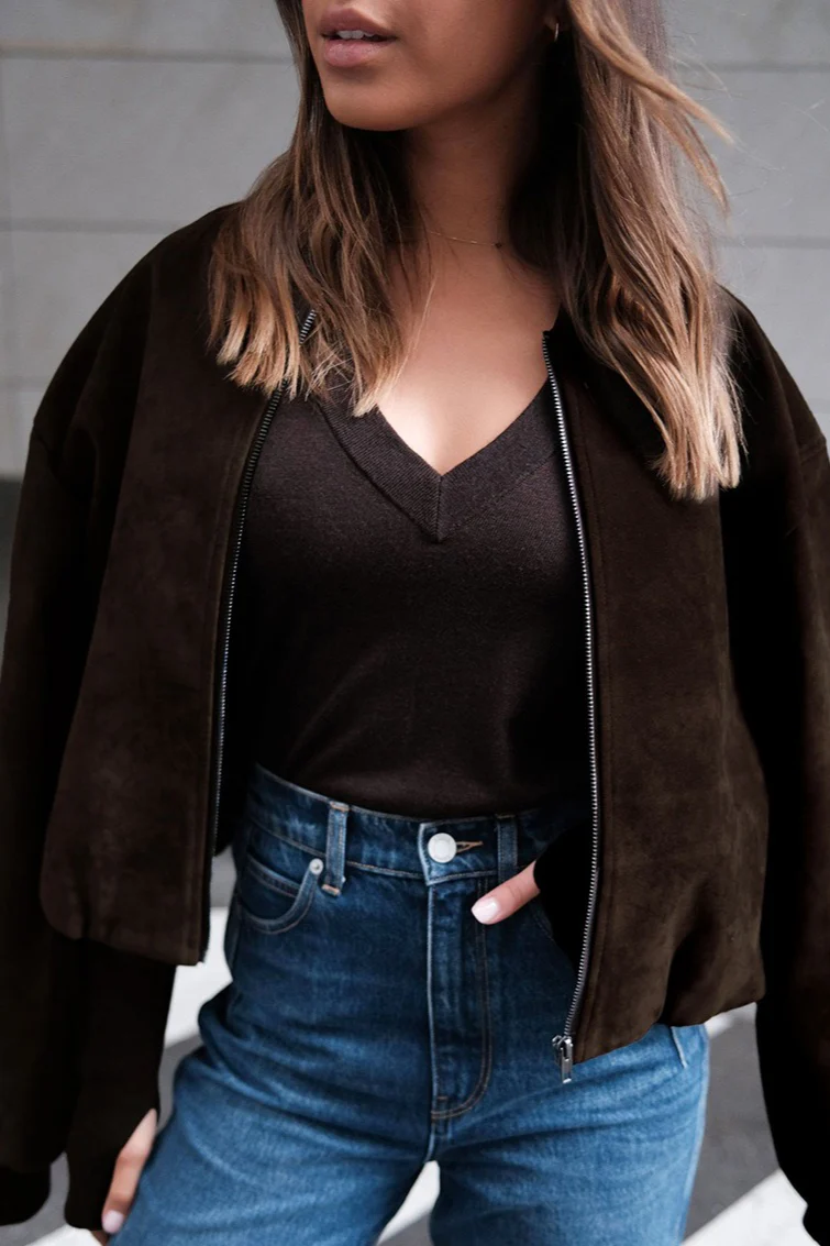 Oversized Faux Suede Bomber Jacket - Image 2