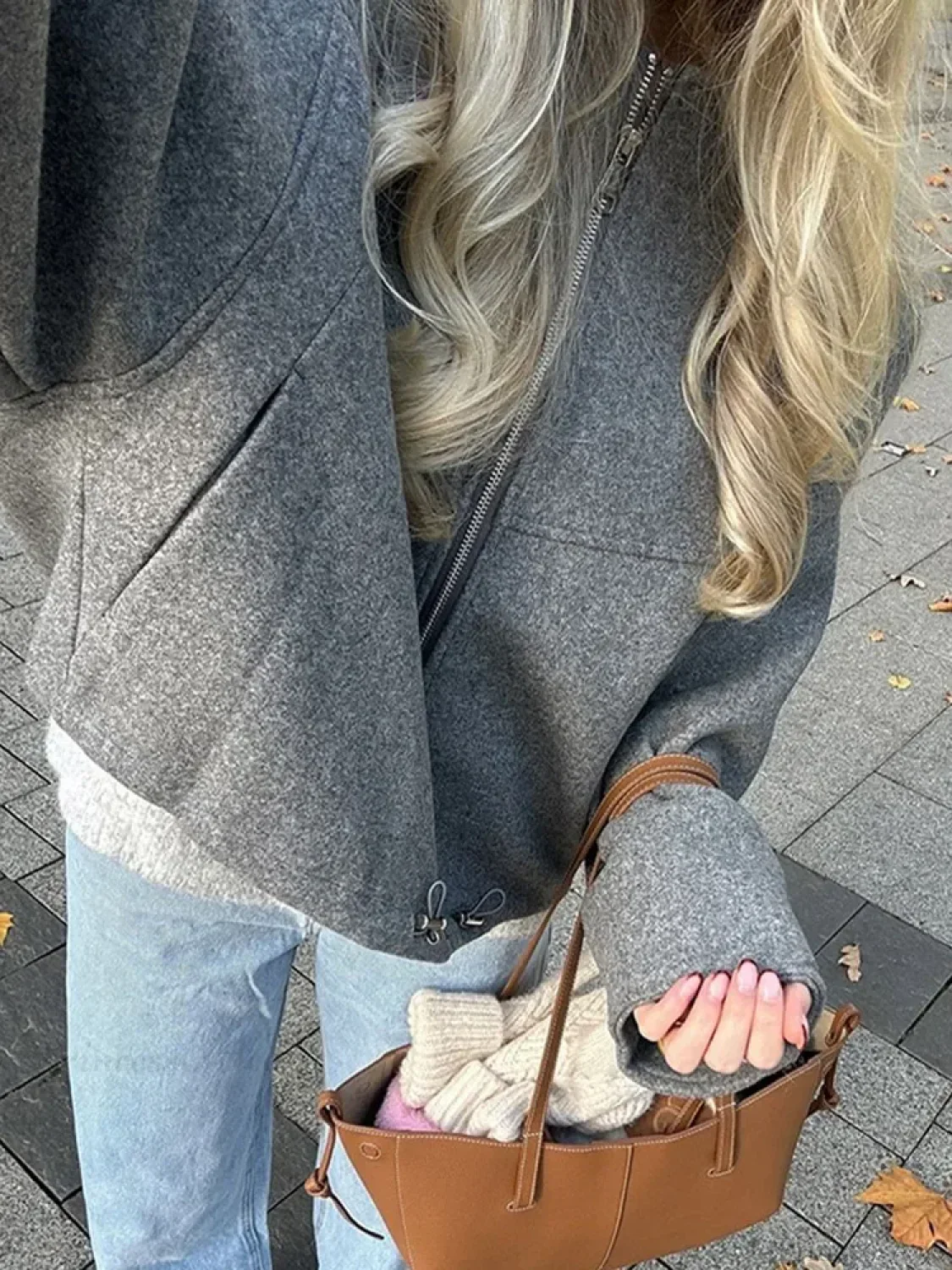 Oversized Grey Drawstring Woolen Coat - Image 6