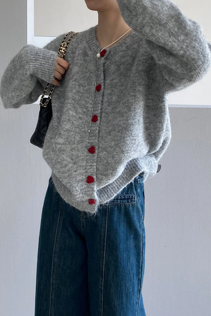 Oversized Heart Button Round Neck Cardigan - Image 12