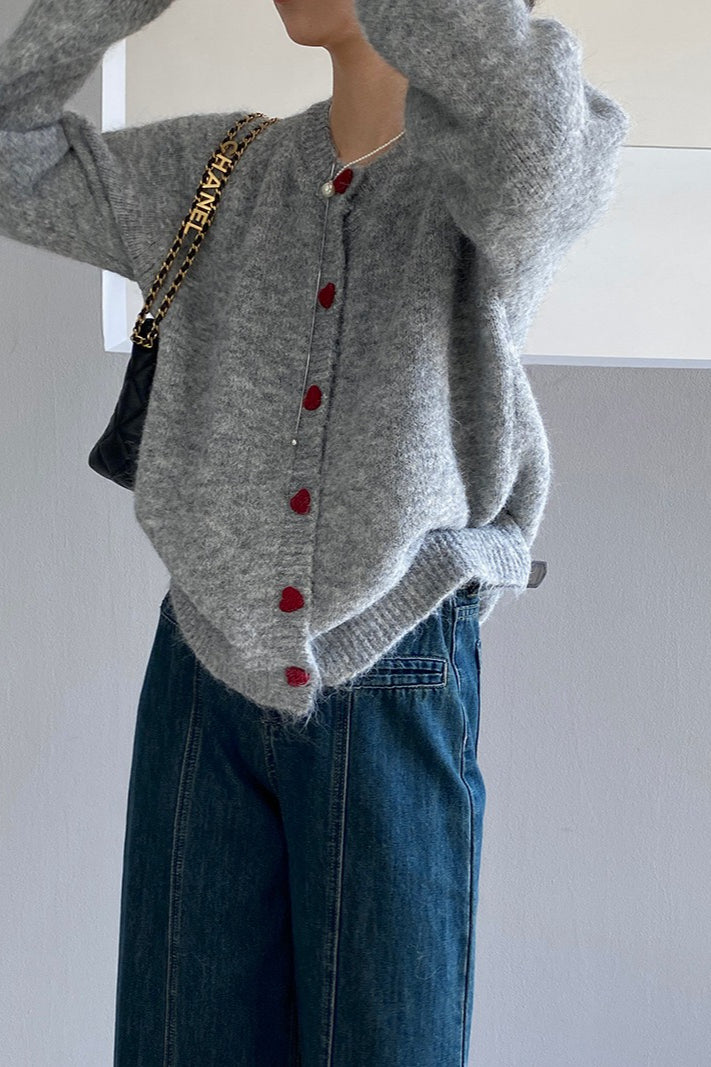 Oversized Heart Button Round Neck Cardigan - Image 13