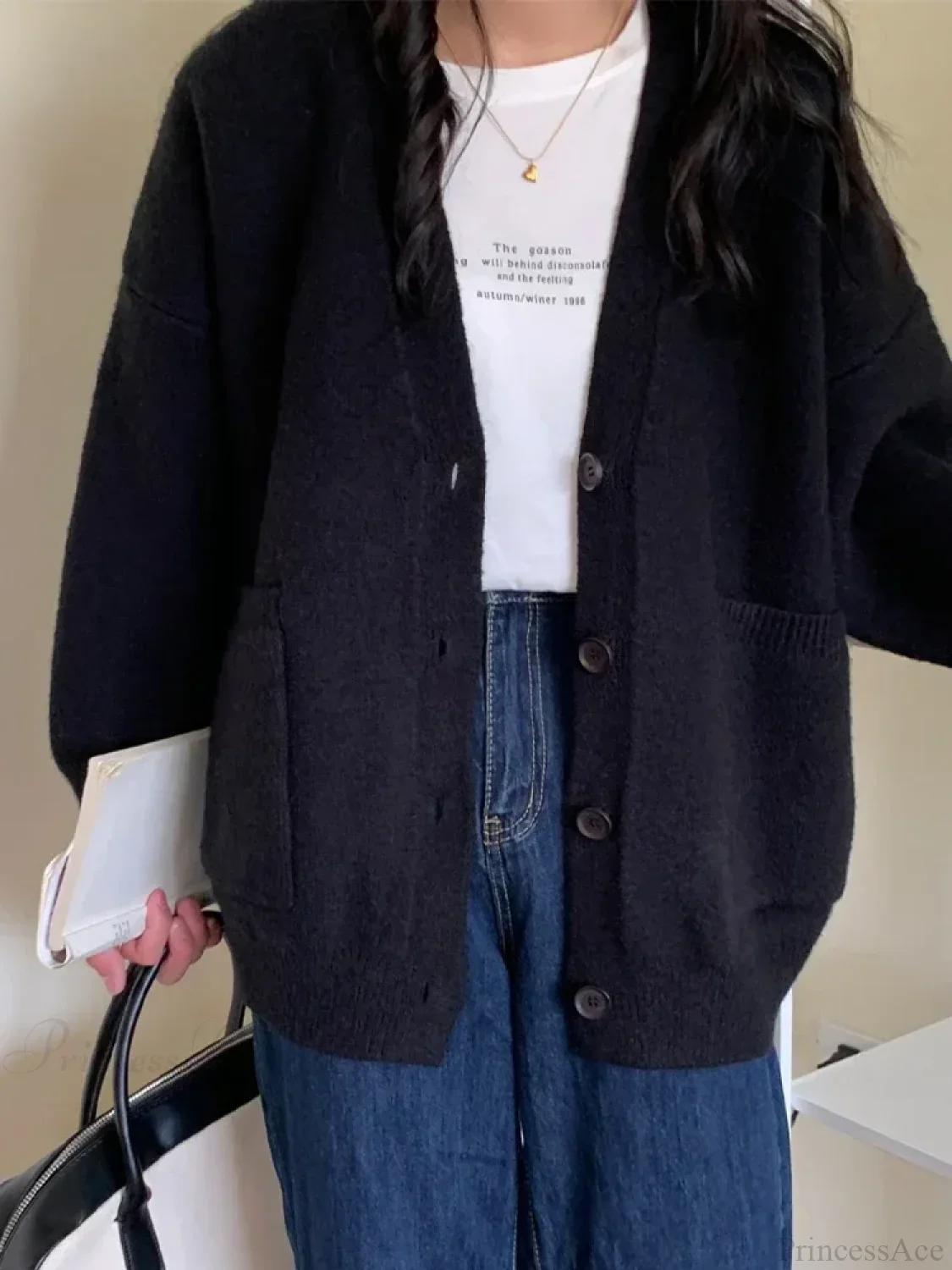 Oversized Preppy V-Neck Knitted Knit Cardigan - Image 3