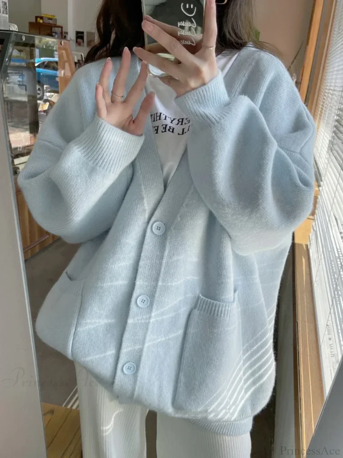 Oversized Preppy V-Neck Knitted Knit Cardigan - Image 5