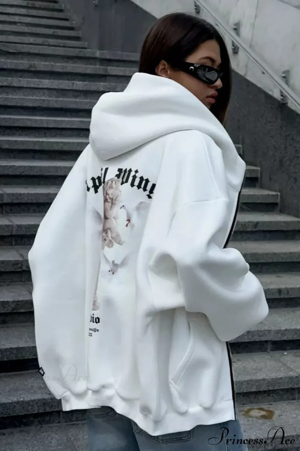 Oversized Street Casual Angel Print Zip-Up Hoodie - Image 10