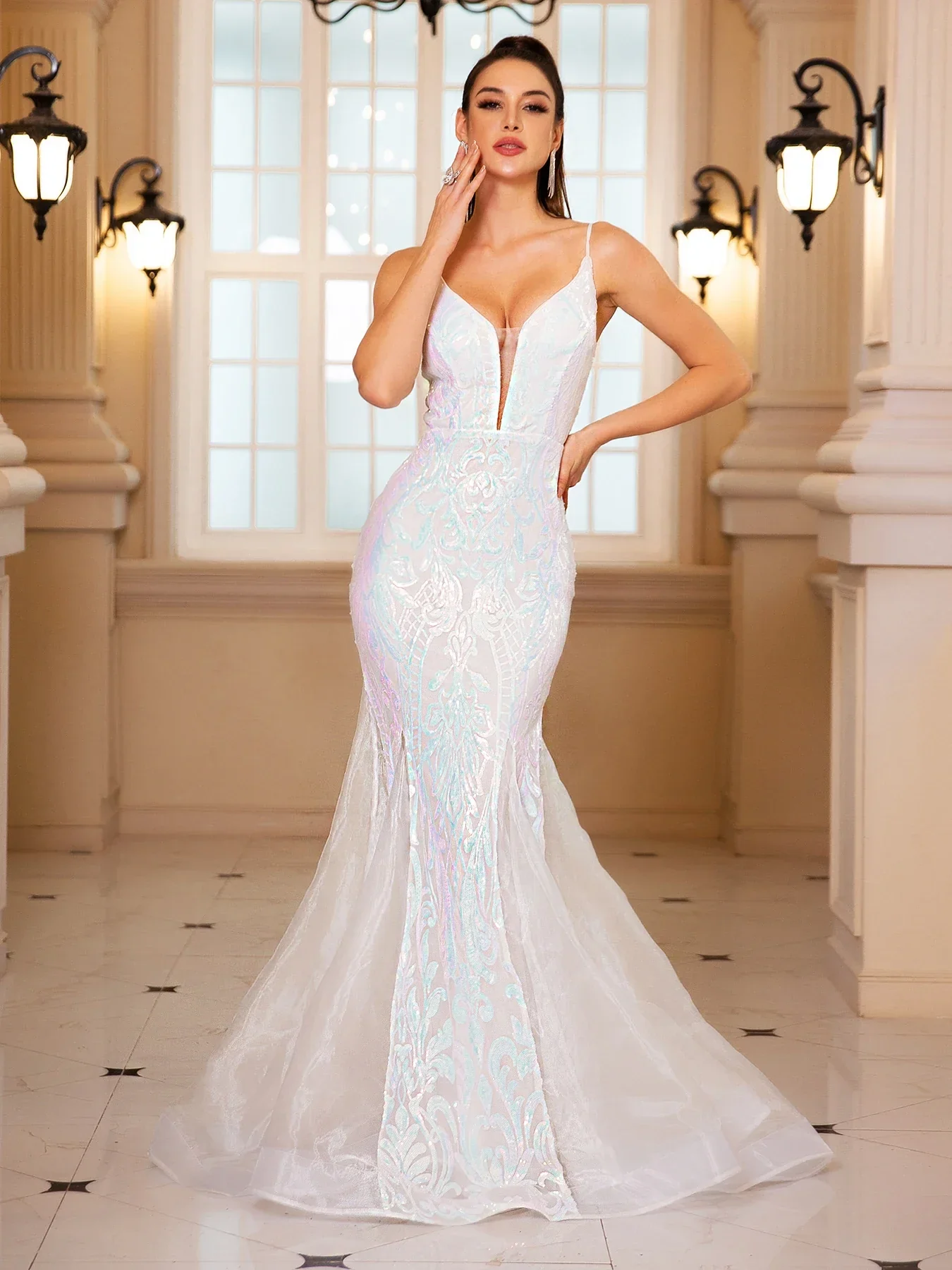 Padded V-Neck Sequin Party Dress - Image 8