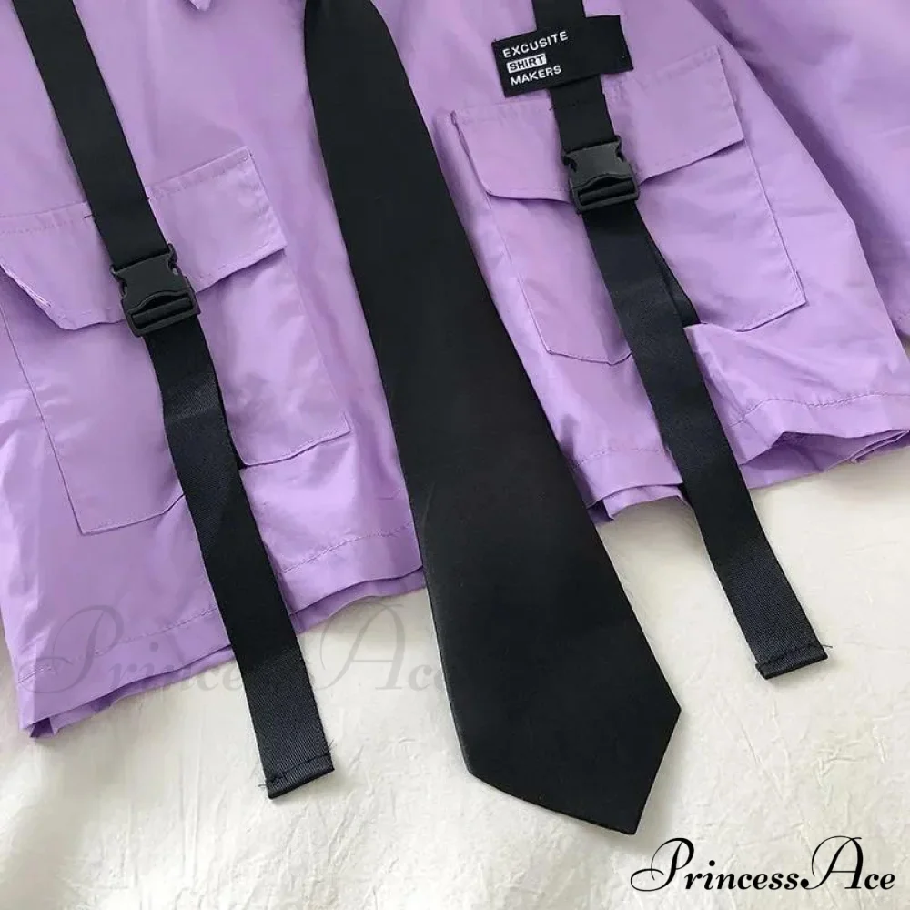 Pants Ribbon Autumn Blouse & Short-Sleeved High-Waist Streetwear Loose Cargo Straight Set - Image 17