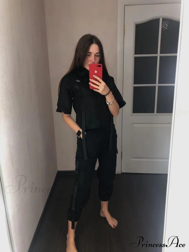 Pants Ribbon Autumn Blouse & Short-Sleeved High-Waist Streetwear Loose Cargo Straight Set - Image 2