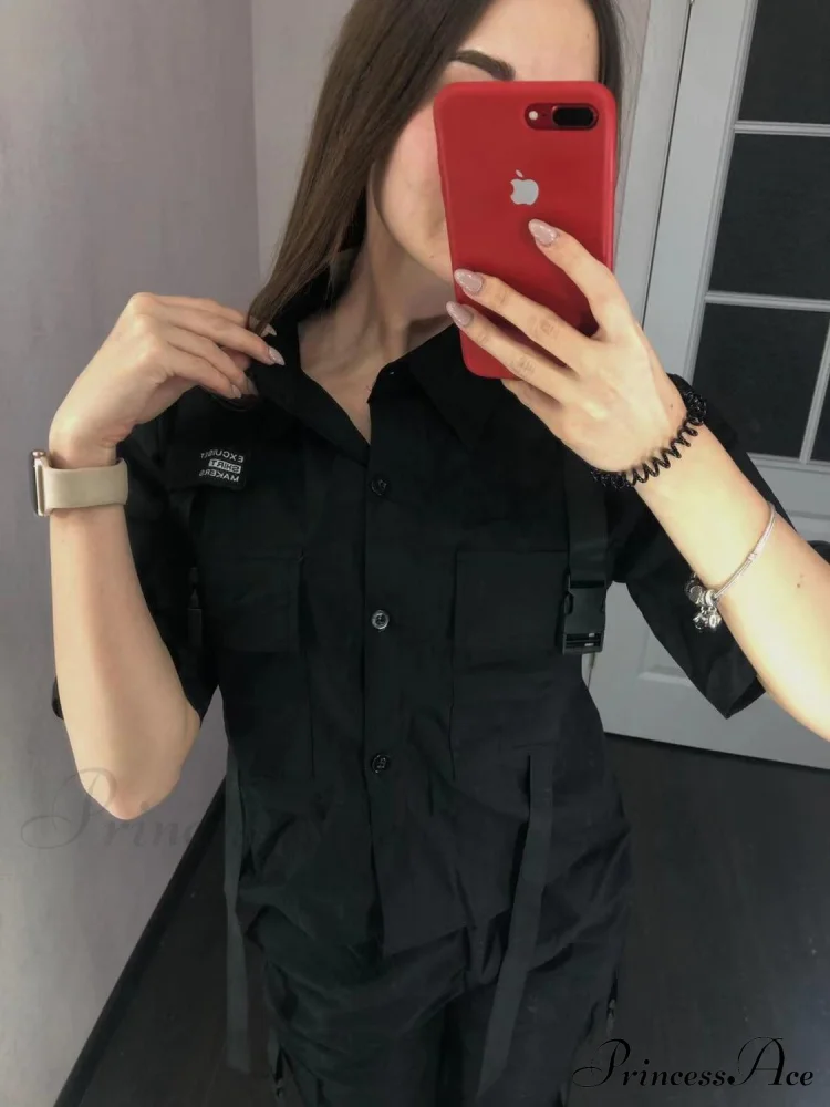 Pants Ribbon Autumn Blouse & Short-Sleeved High-Waist Streetwear Loose Cargo Straight Set - Image 3