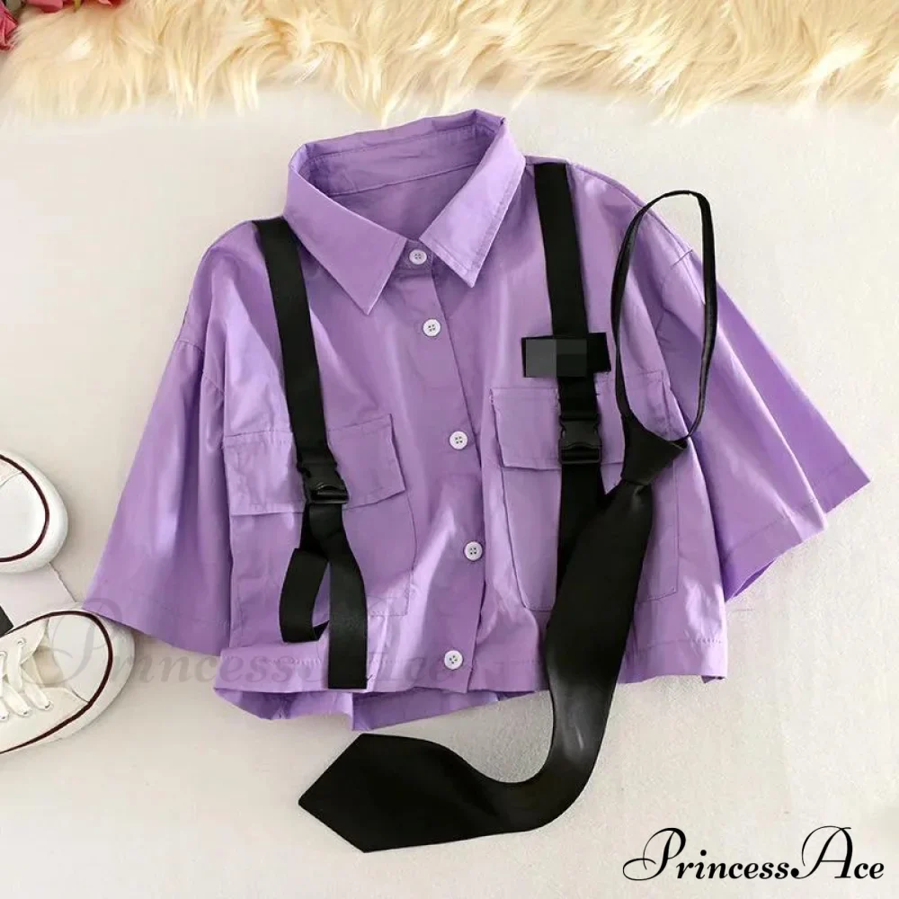 Pants Ribbon Autumn Blouse & Short-Sleeved High-Waist Streetwear Loose Cargo Straight Set - Image 4