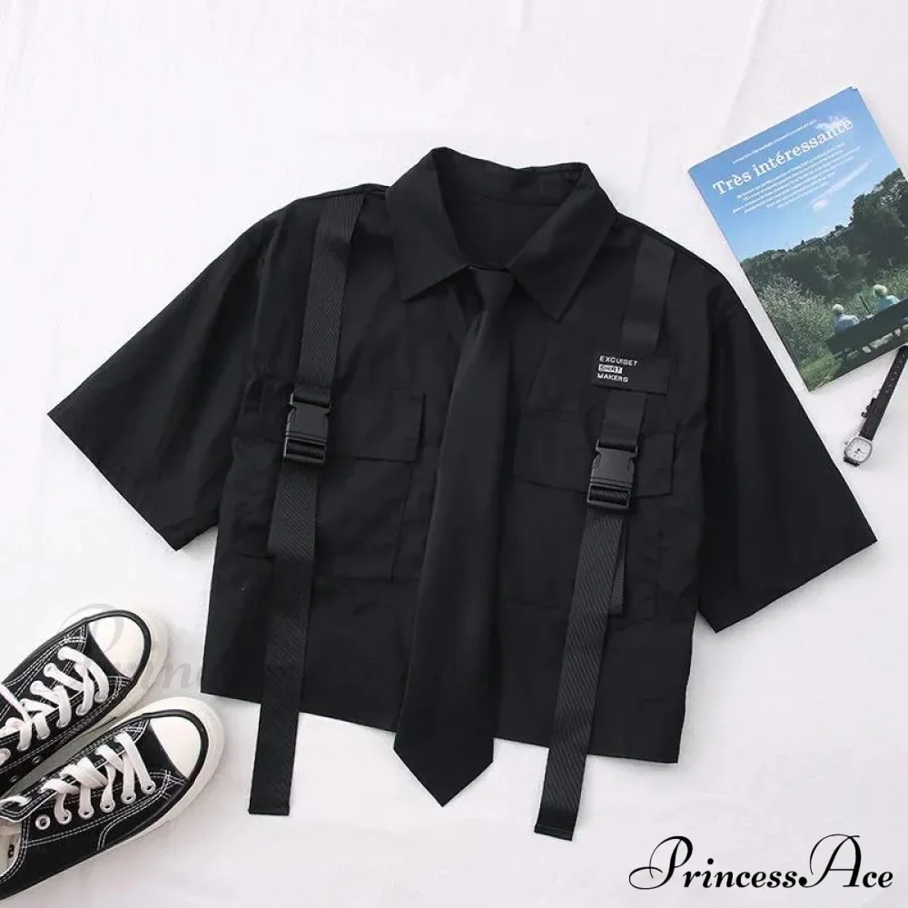 Pants Ribbon Autumn Blouse & Short-Sleeved High-Waist Streetwear Loose Cargo Straight Set - Image 5