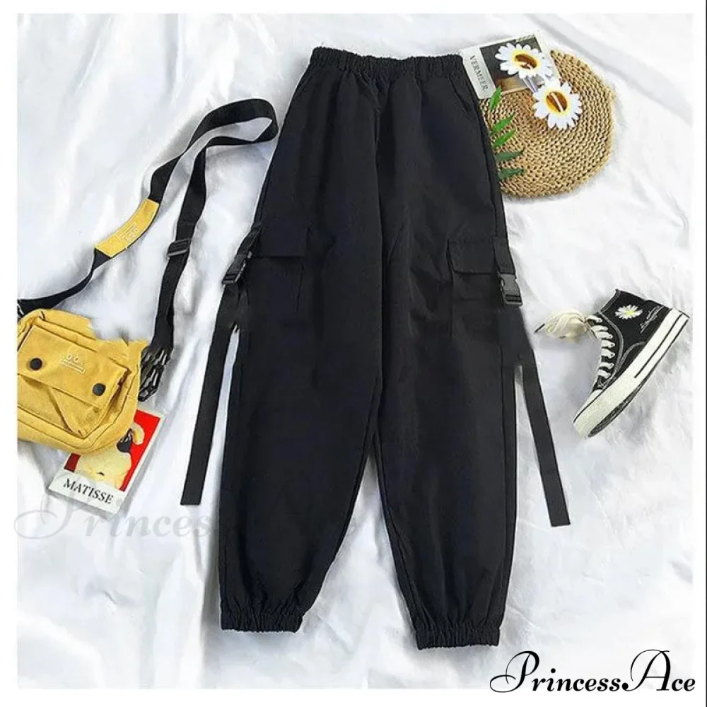 Pants Ribbon Autumn Blouse & Short-Sleeved High-Waist Streetwear Loose Cargo Straight Set - Image 6