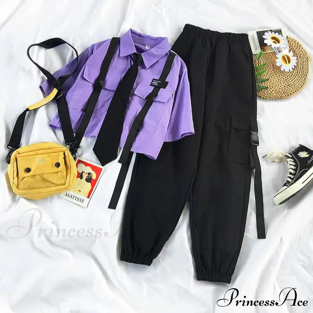 Pants Ribbon Autumn Blouse & Short-Sleeved High-Waist Streetwear Loose Cargo Straight Set - Image 7