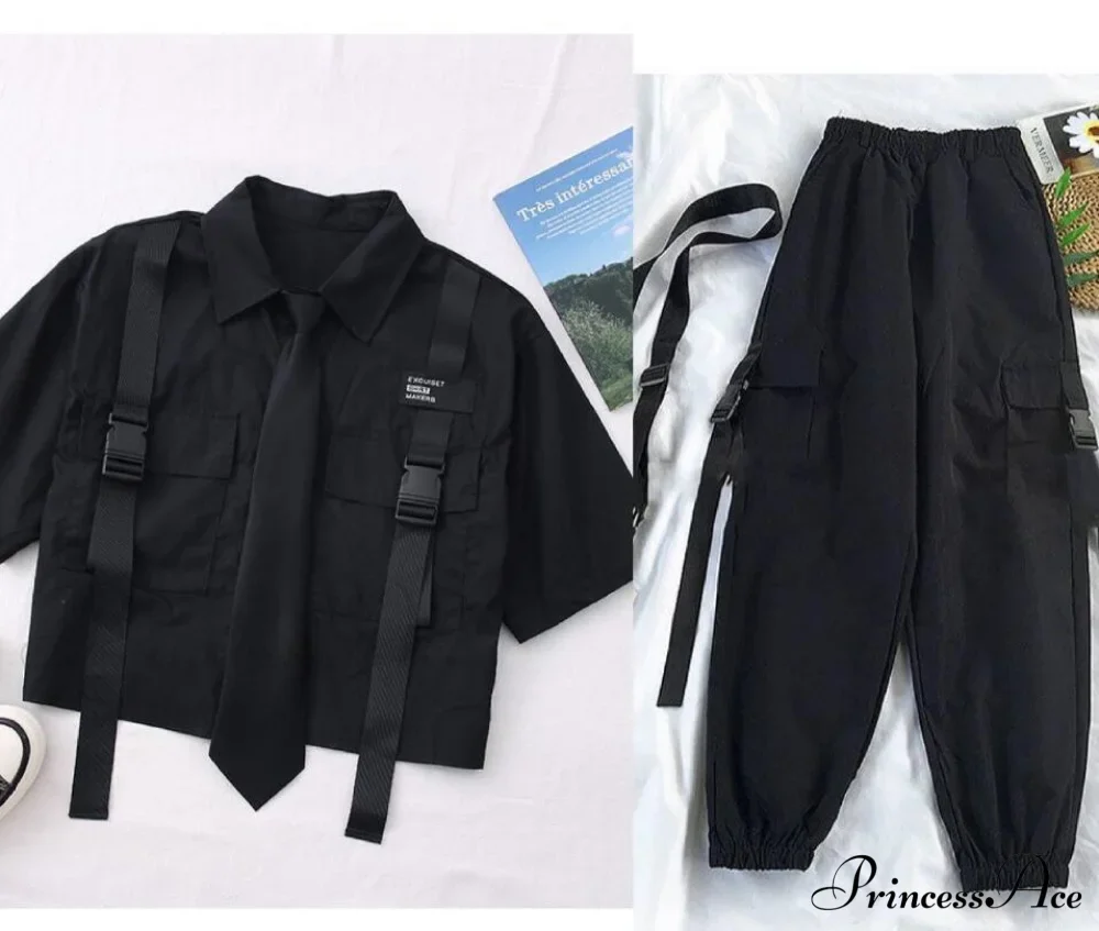 Pants Ribbon Autumn Blouse & Short-Sleeved High-Waist Streetwear Loose Cargo Straight Set - Image 8