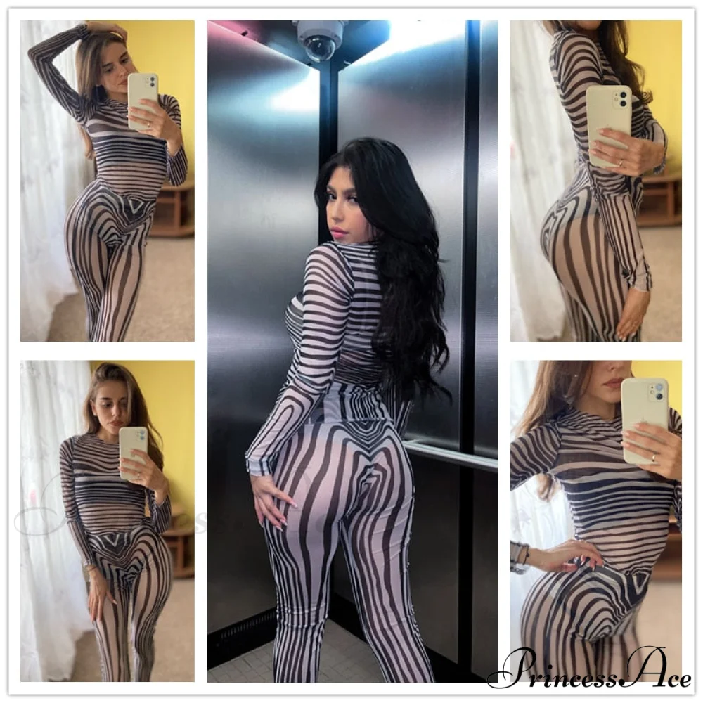 Pants Suit Sexy Costume Zebra Co-ord Striped Tracksuit for Mesh + Set 2 T-shirt Piece Long Autumn Women - Image 3