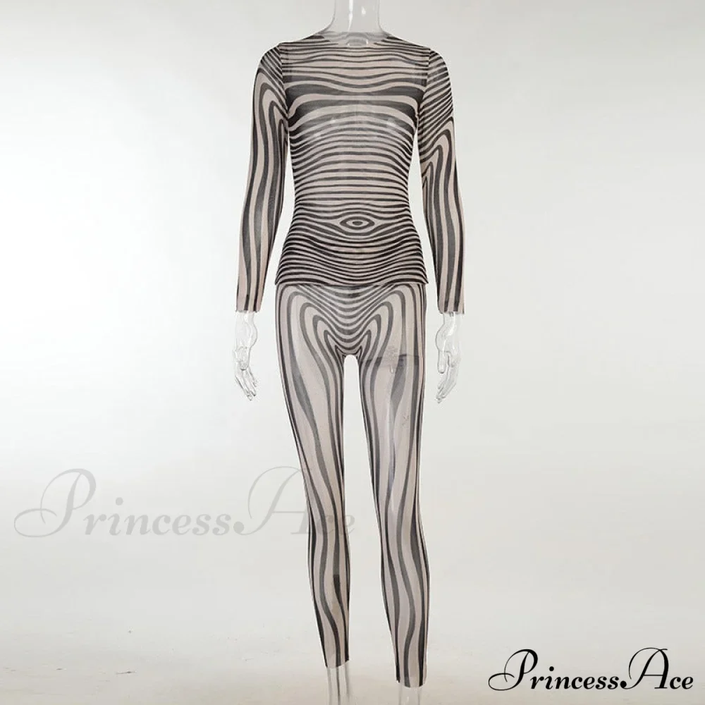 Pants Suit Sexy Costume Zebra Co-ord Striped Tracksuit for Mesh + Set 2 T-shirt Piece Long Autumn Women - Image 5