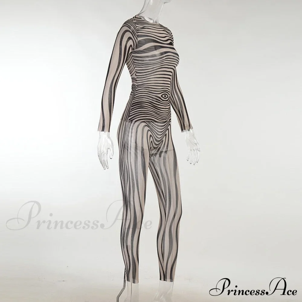 Pants Suit Sexy Costume Zebra Co-ord Striped Tracksuit for Mesh + Set 2 T-shirt Piece Long Autumn Women - Image 6