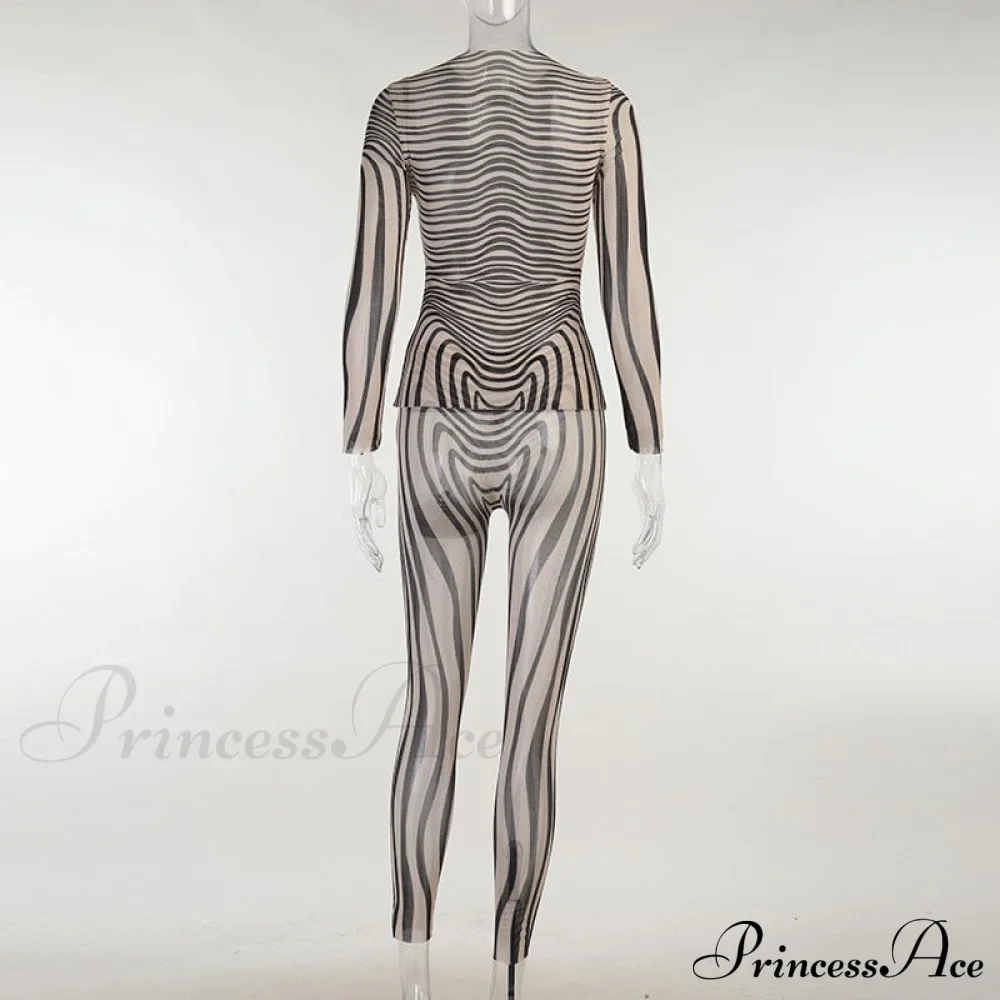 Pants Suit Sexy Costume Zebra Co-ord Striped Tracksuit for Mesh + Set 2 T-shirt Piece Long Autumn Women - Image 7