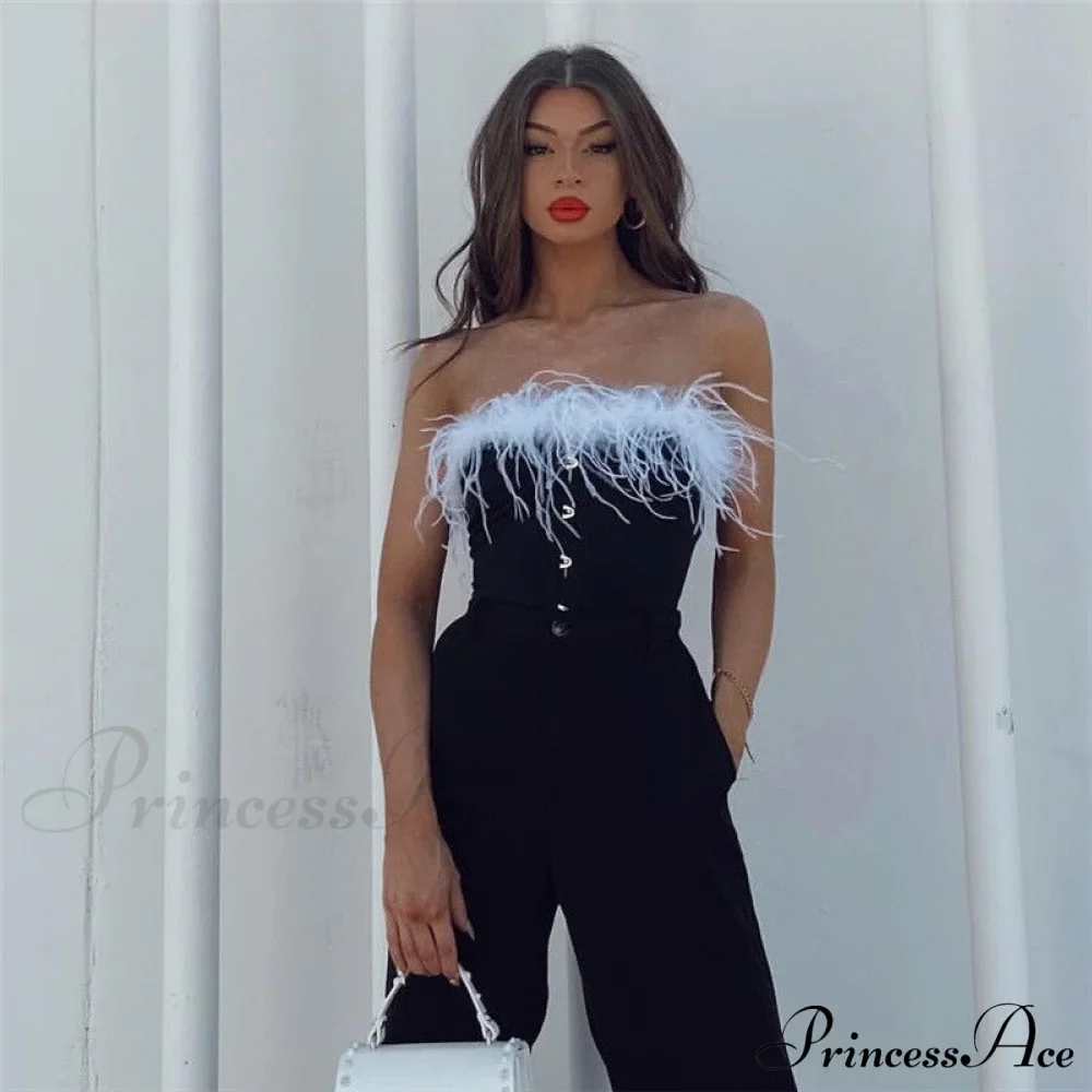 Party - Cami Corset Shoulder Feather Sleeveless Off Women's Blouse Crop Tee - Top Club Tank Top White/Black Sexy - Image 3