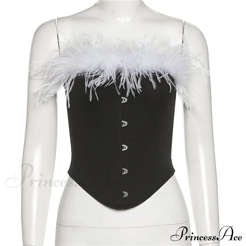 Party - Cami Corset Shoulder Feather Sleeveless Off Women's Blouse Crop Tee - Top Club Tank Top White/Black Sexy - Image 5