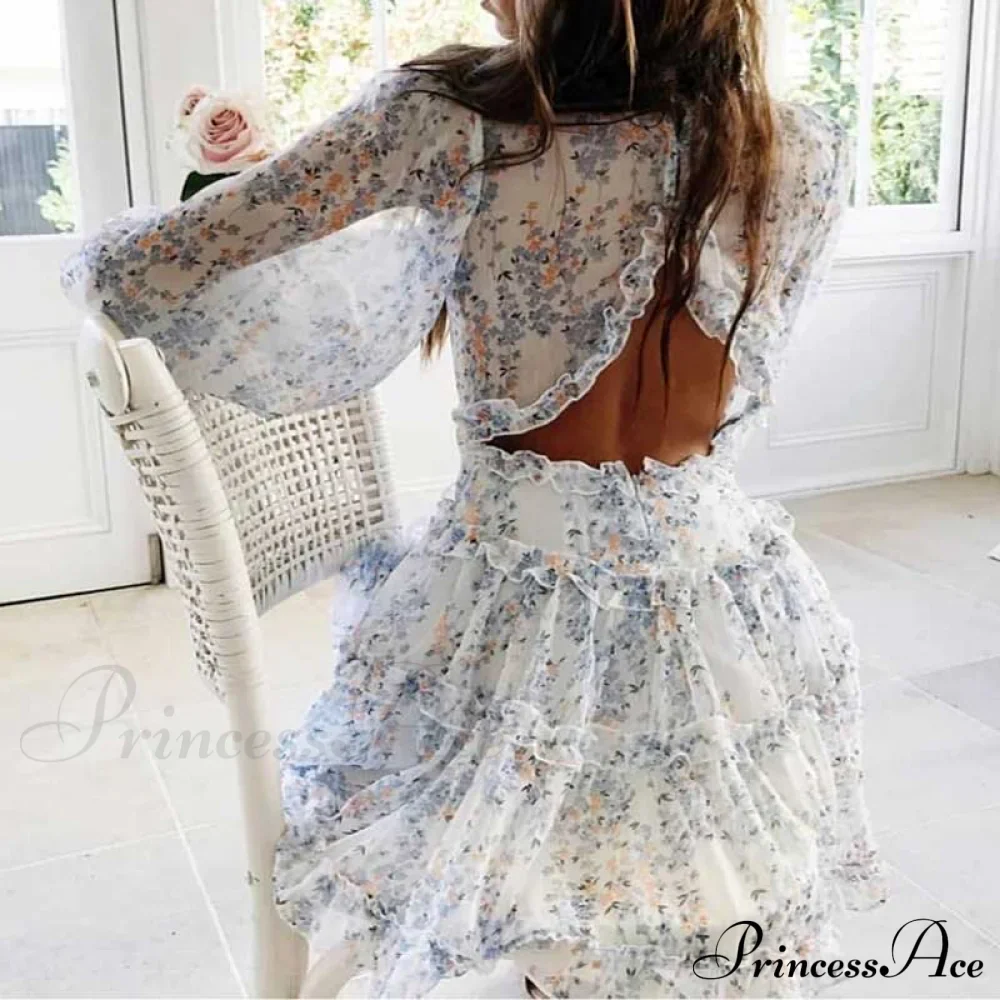 Party Gown Harlow Backless Design V-Neck Mini - Warm-Season Ruffle - Women's Flowered Dress