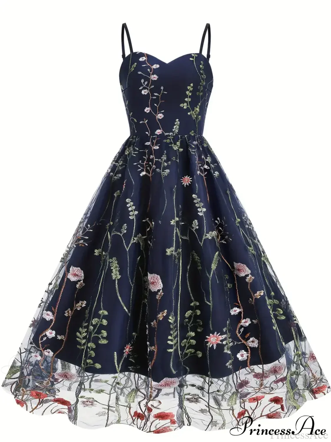 Spaghetti Strap Embroidered Tulle Panel Retro Floral Dress - Image 3