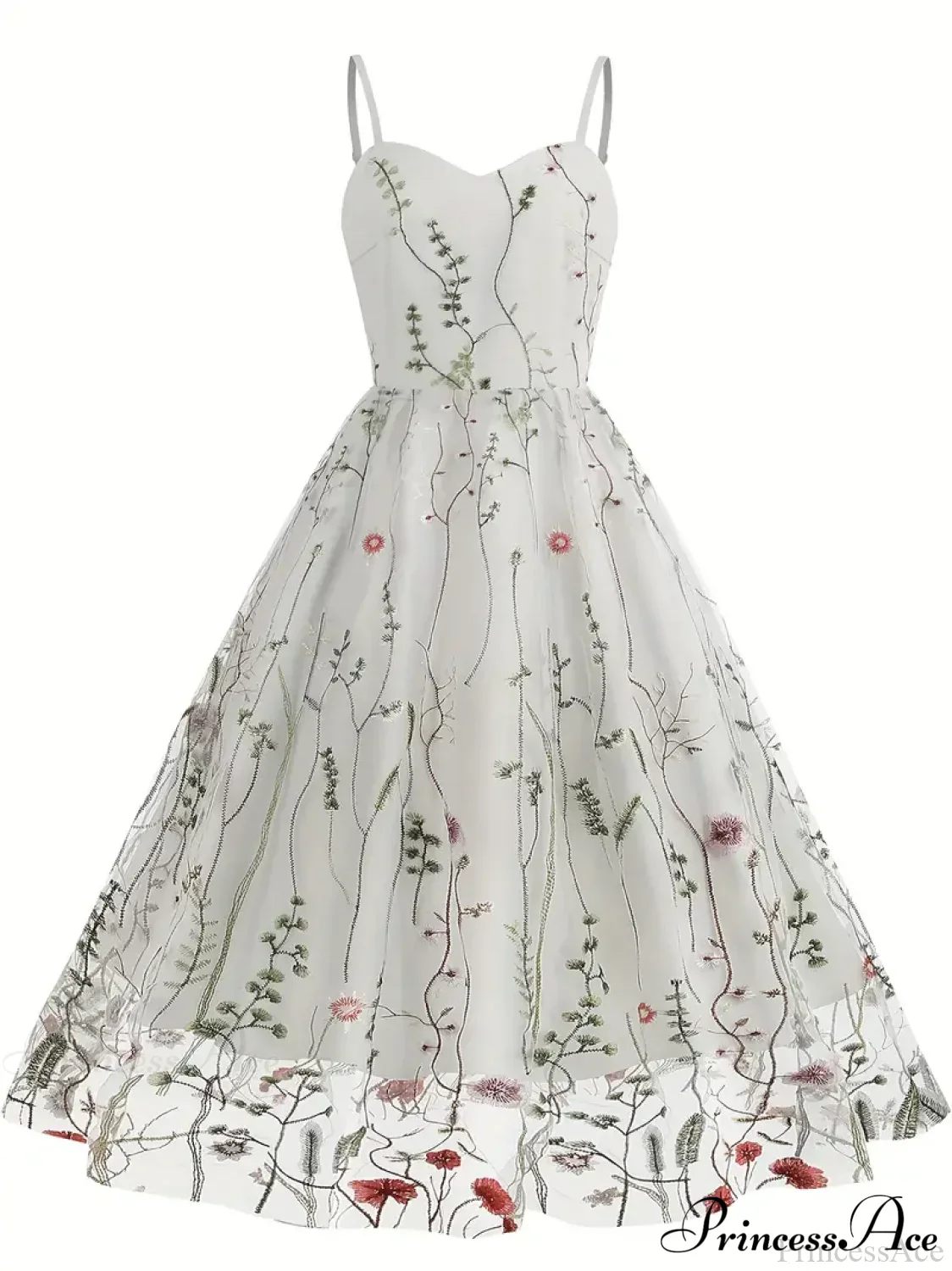 Spaghetti Strap Embroidered Tulle Panel Retro Floral Dress - Image 4