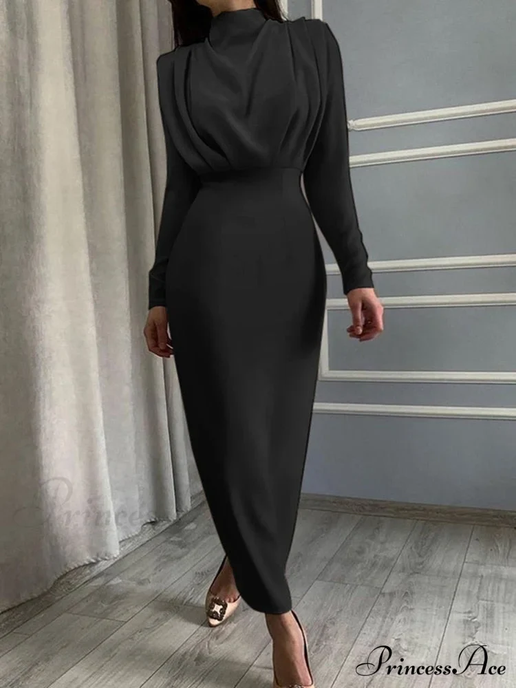 Solid Stand Neck Slim Autumn Maxi Dress - Image 2
