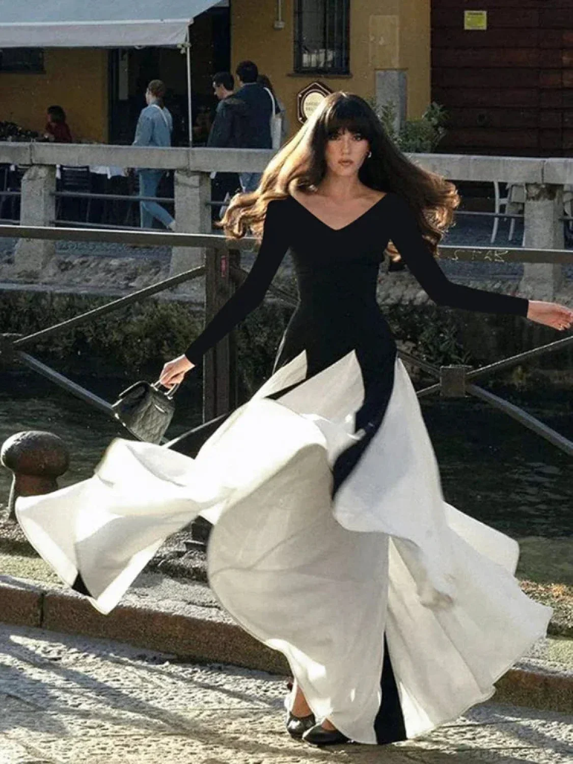 Patchwork Border Long Sleeve Full-Length Dress - Image 2