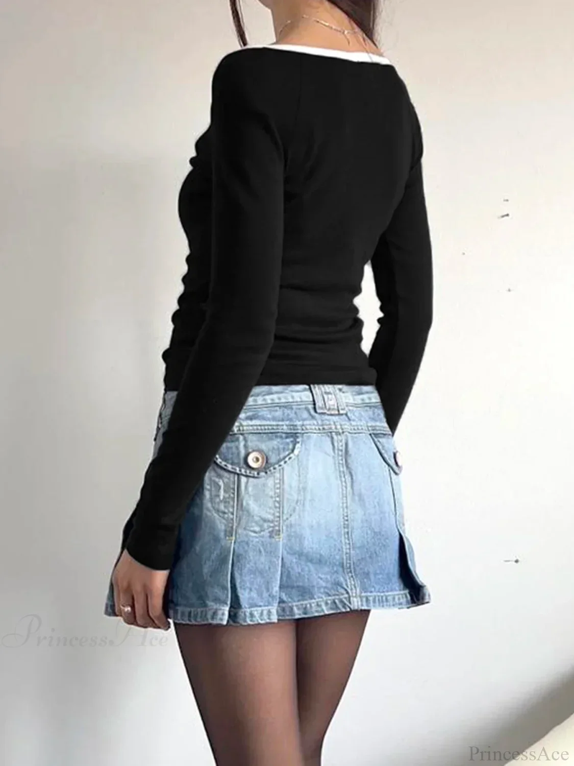 Patchwork Contrast Color Slim O-Neck Long Sleeve Knit Top