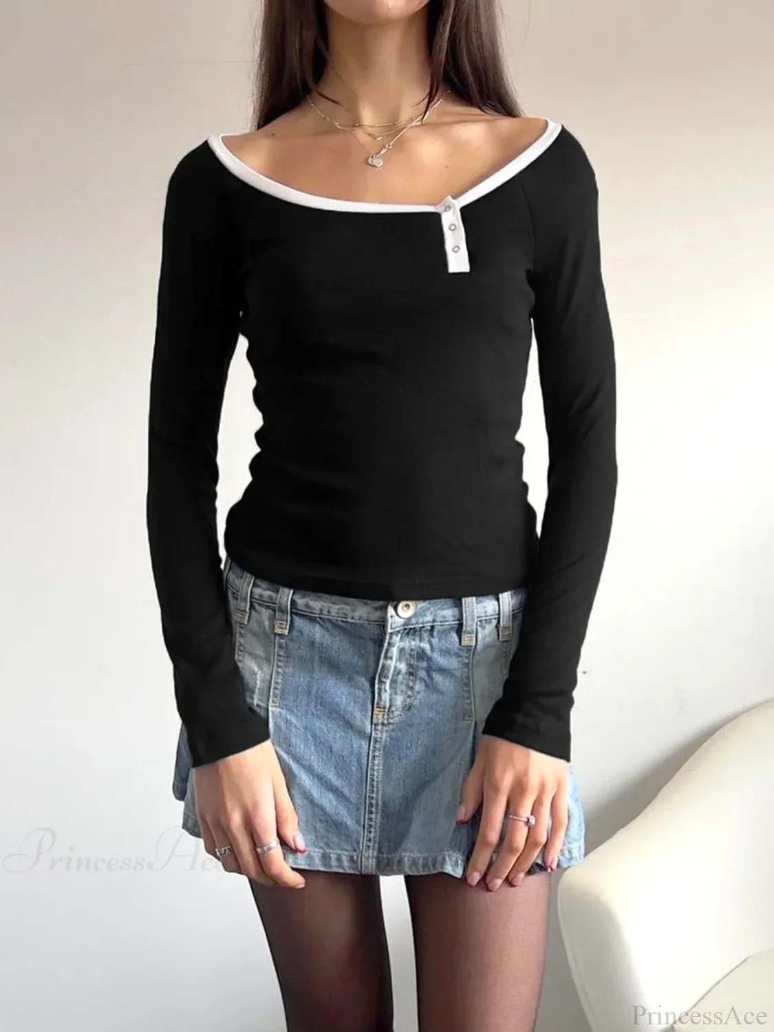 Patchwork Contrast Color Slim O-Neck Long Sleeve Knit Top - Image 2