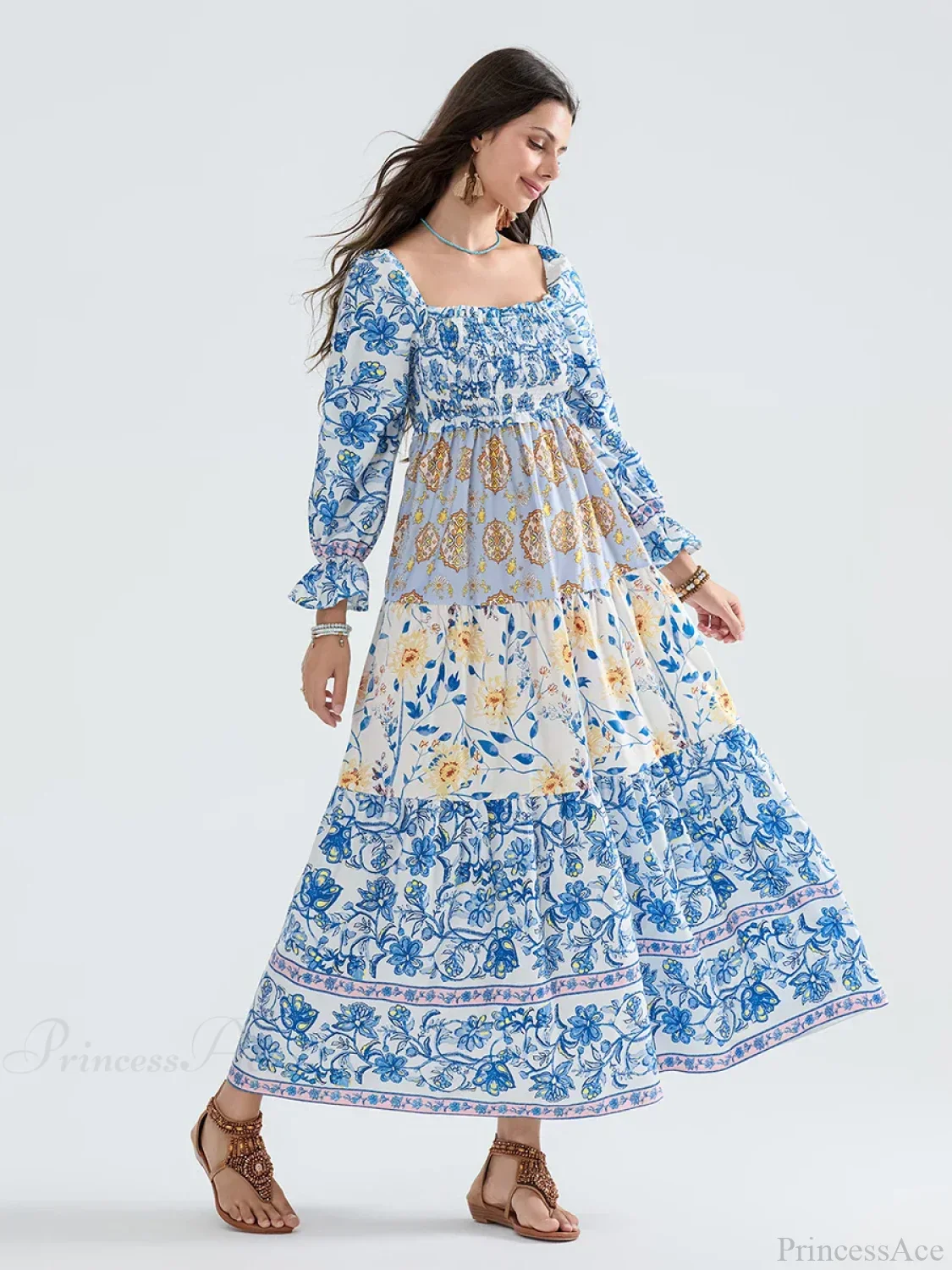 Patchwork Floral Bohemian Off-Shoulder Puff Sleeve Ruffled Vacation Beach Dress - Image 2