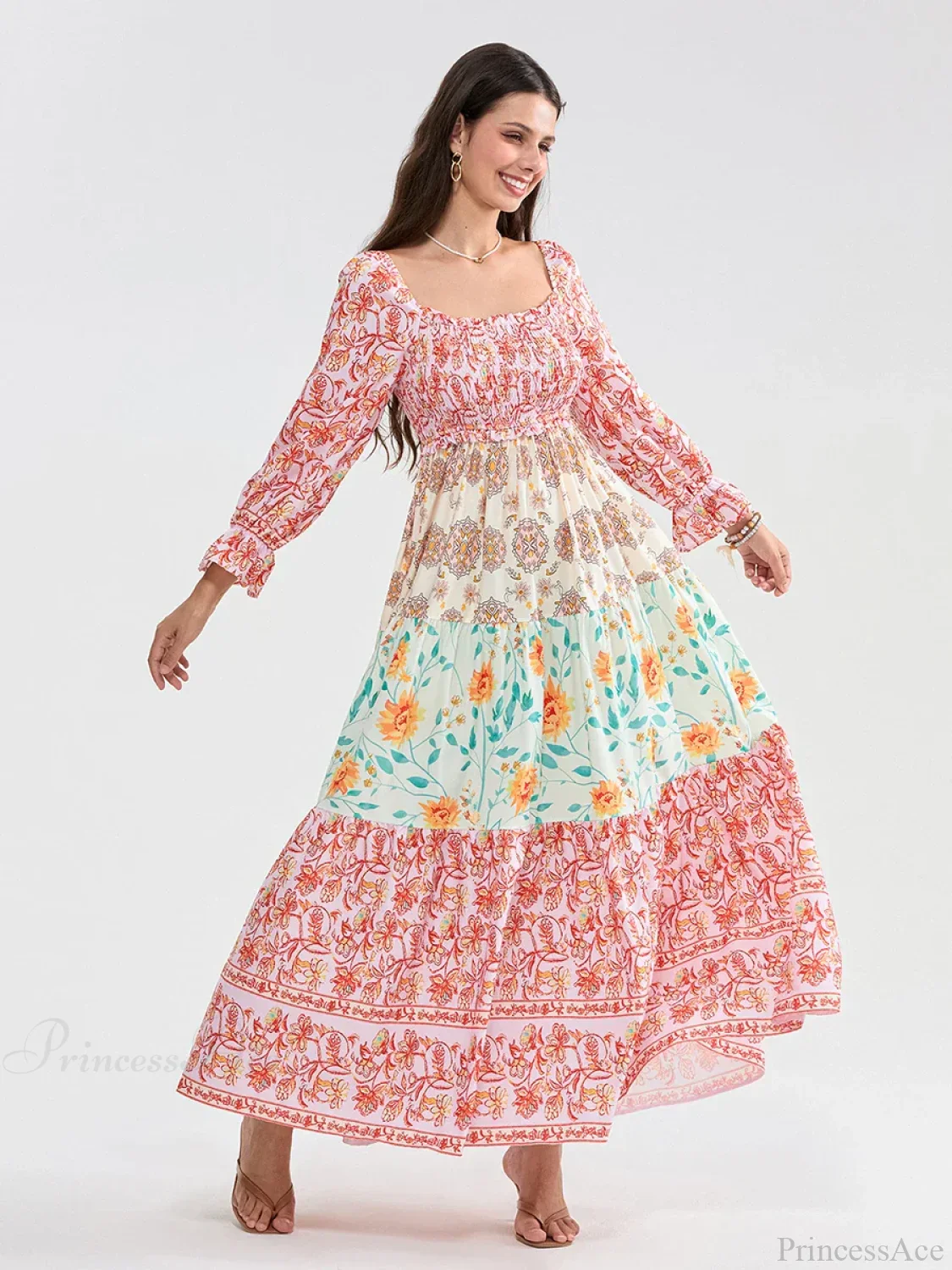 Patchwork Floral Bohemian Off-Shoulder Puff Sleeve Ruffled Vacation Beach Dress - Image 3