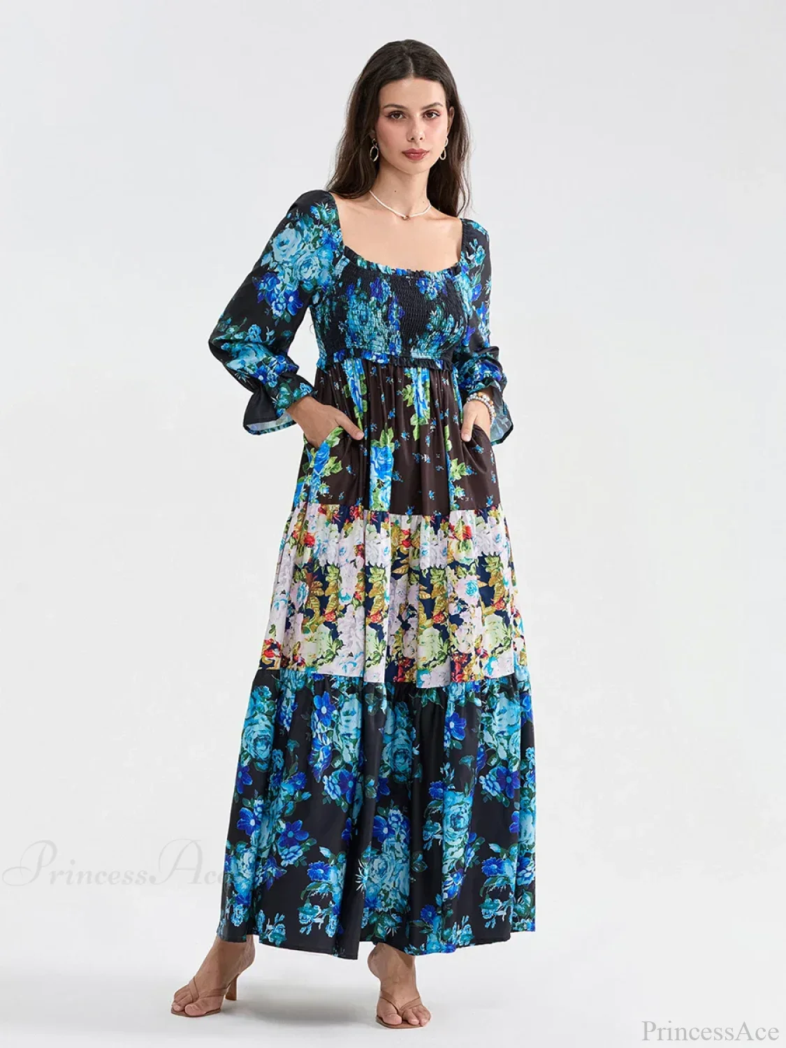 Patchwork Floral Bohemian Off-Shoulder Puff Sleeve Ruffled Vacation Beach Dress - Image 7