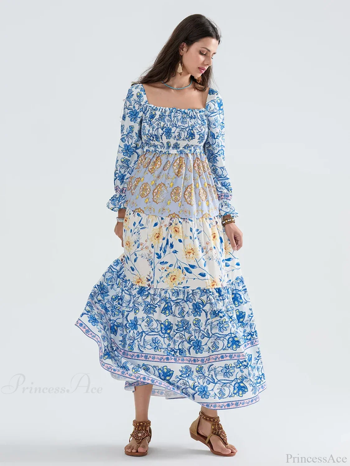 Patchwork Floral Bohemian Off-Shoulder Puff Sleeve Ruffled Vacation Beach Dress - Image 8