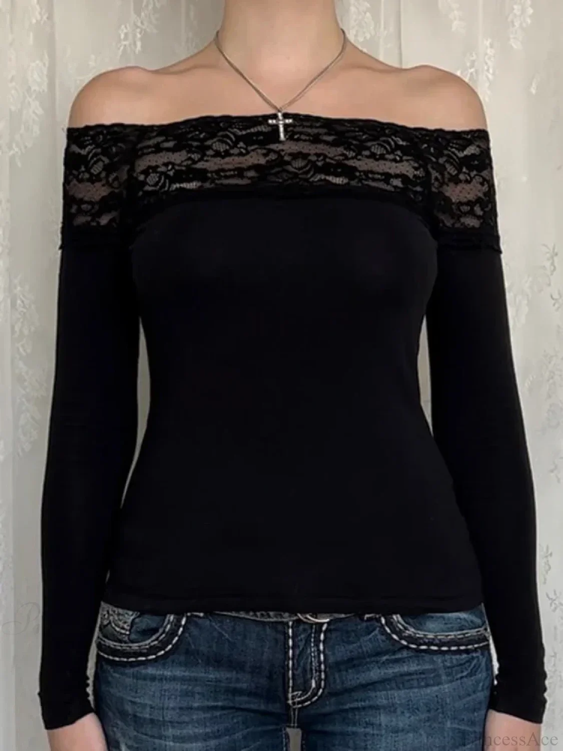 Patchwork Lace Cropped Slim Slash Neck Long Sleeve Knit Top - Image 2