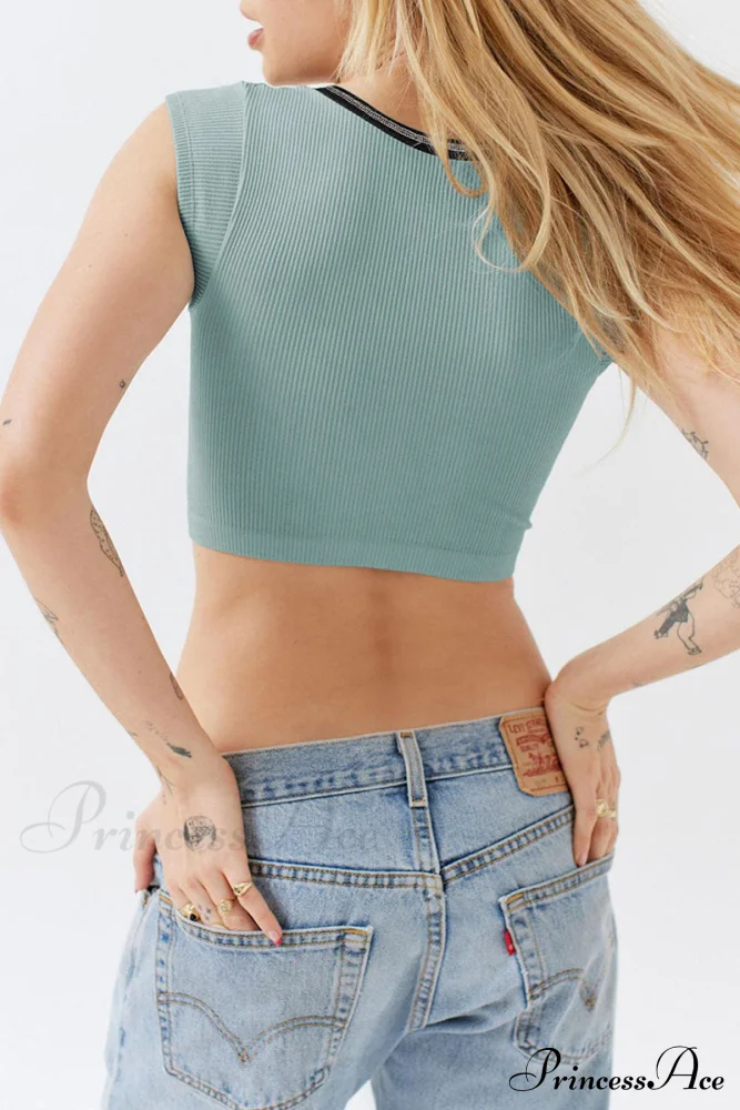 Patchwork Neck U Solid T-Shirt - Image 18