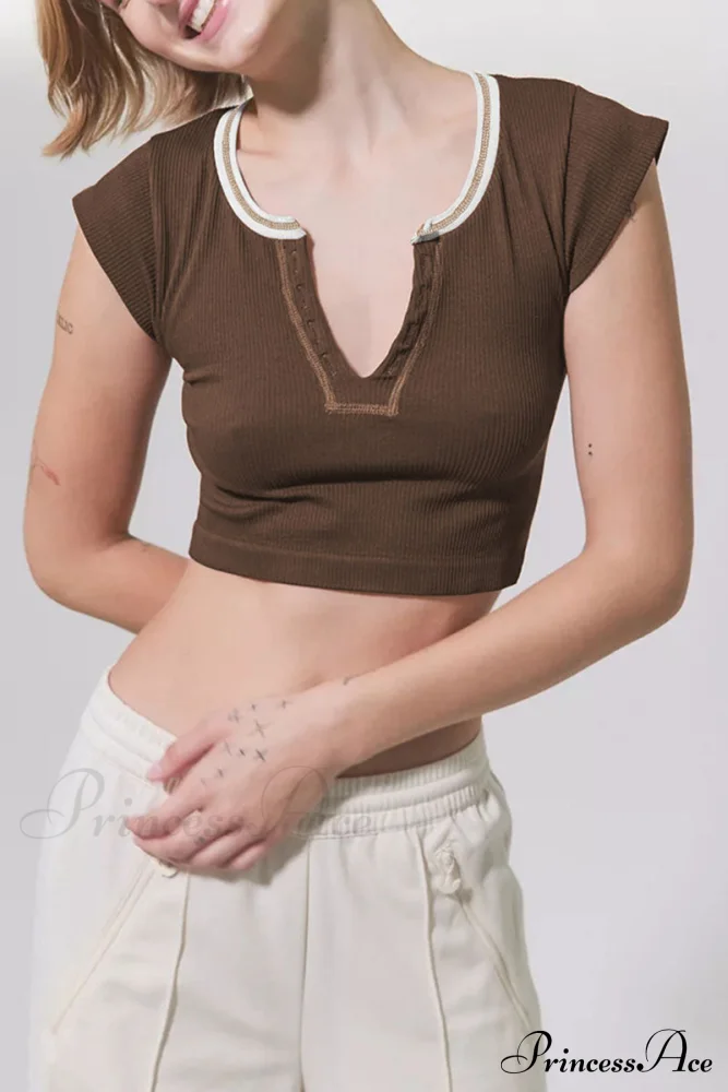 Patchwork Neck U Solid T-Shirt - Image 2