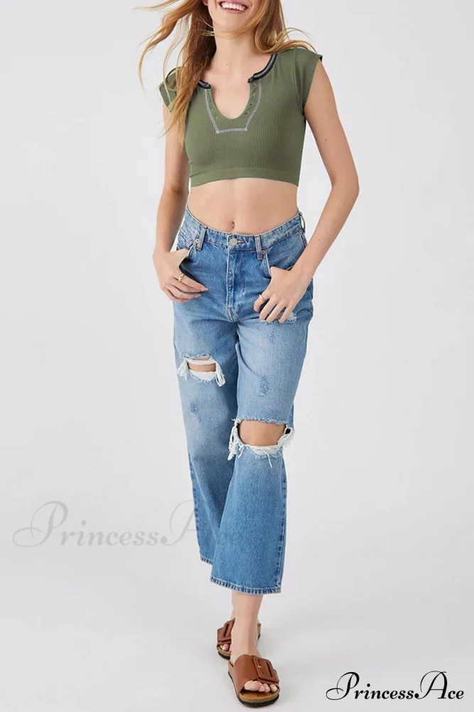 Patchwork Neck U Solid T-Shirt - Image 24