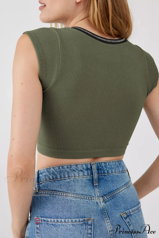 Patchwork Neck U Solid T-Shirt - Image 25