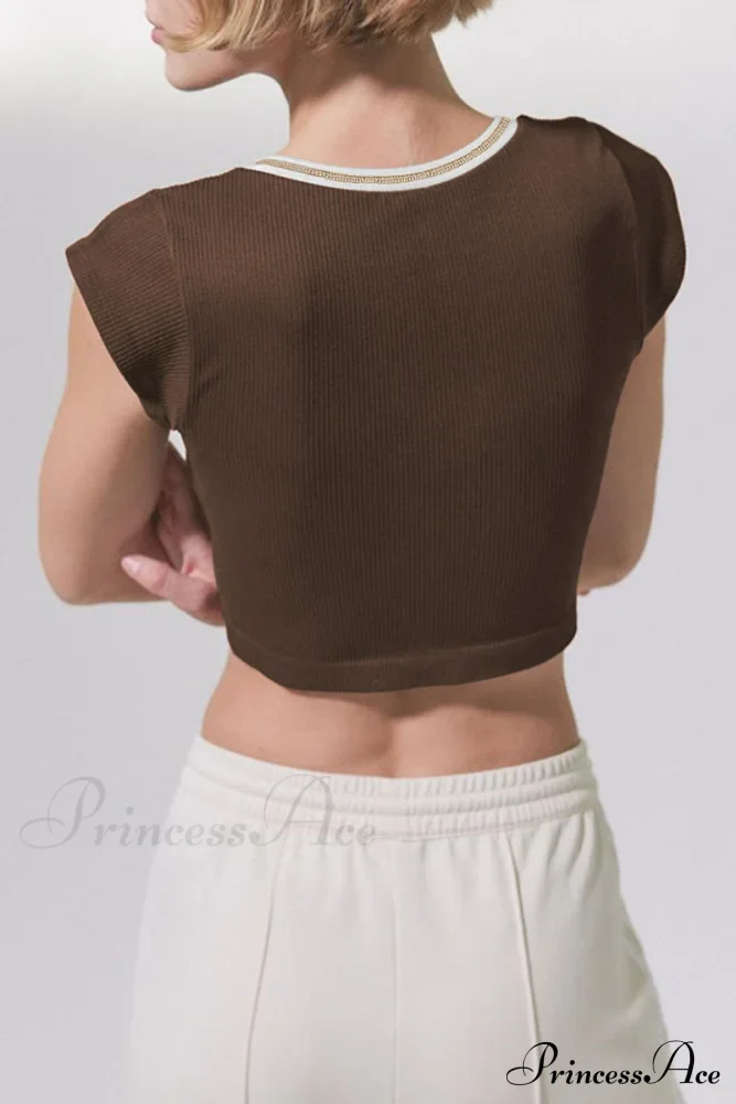 Patchwork Neck U Solid T-Shirt - Image 3