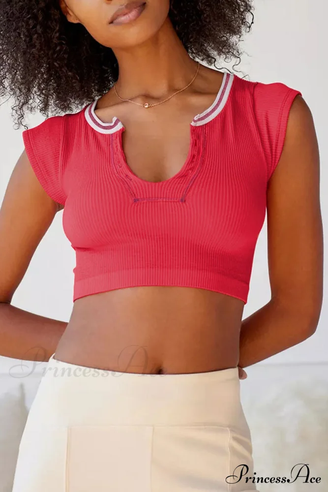 Patchwork Neck U Solid T-Shirt - Image 30