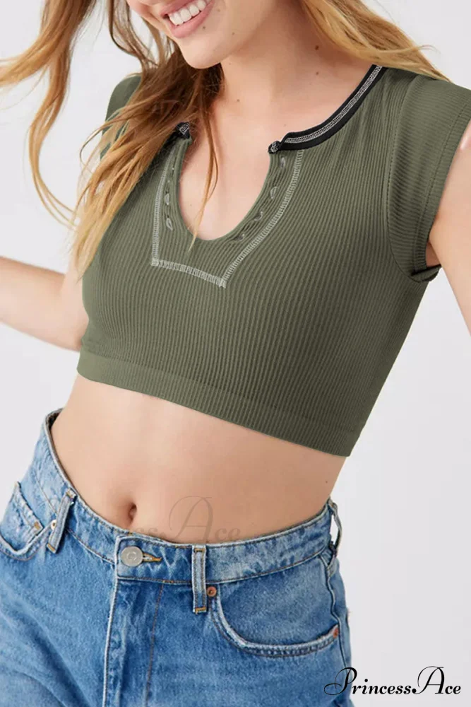 Patchwork Neck U Solid T-Shirt - Image 35