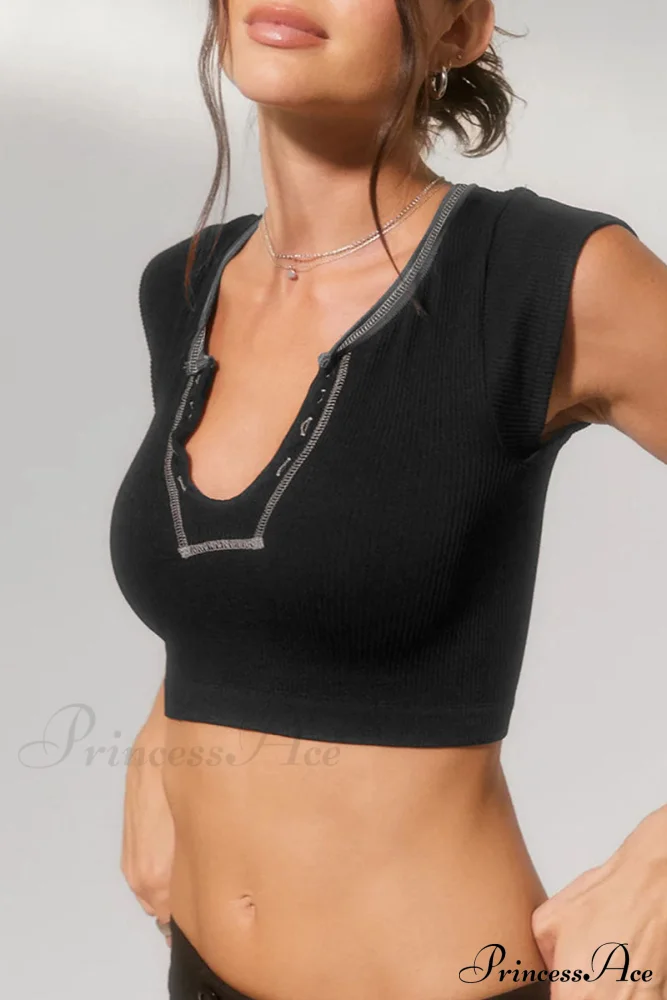 Patchwork Neck U Solid T-Shirt - Image 5