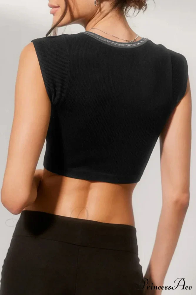 Patchwork Neck U Solid T-Shirt - Image 6
