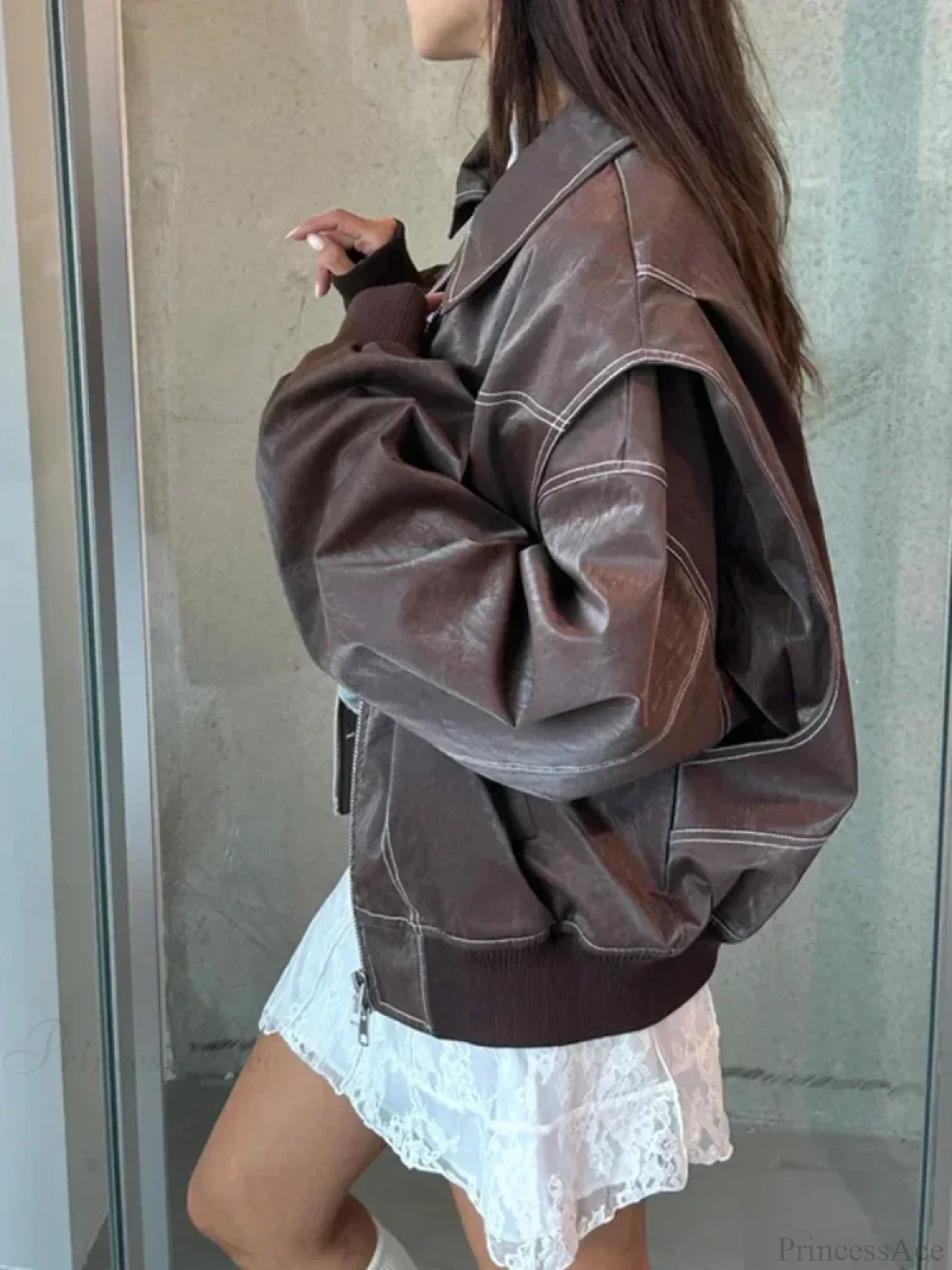 Patchwork PU Leather Short Coat - Image 6