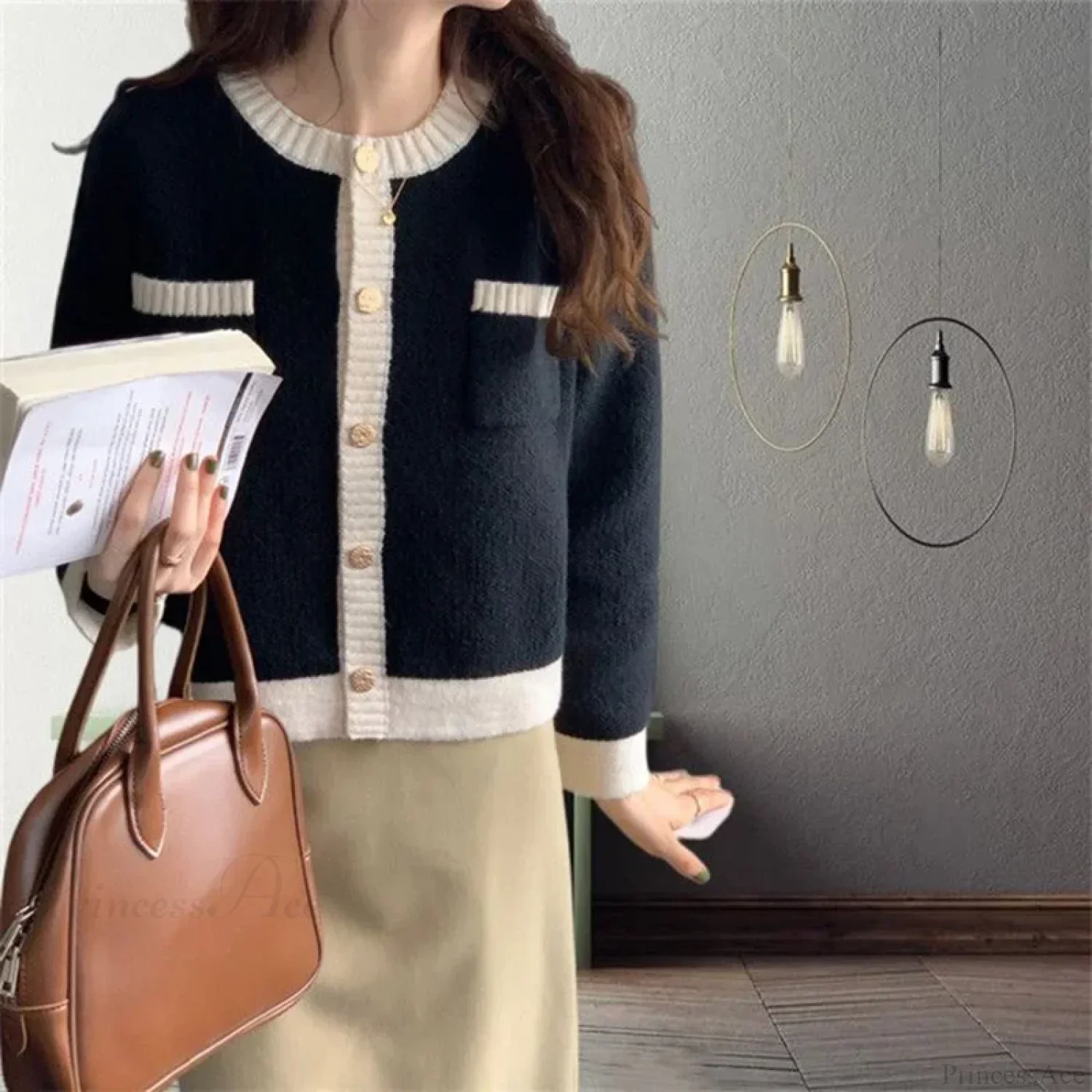 Patchwork Single Breasted Knit Long Sleeve Cardigan - Image 2