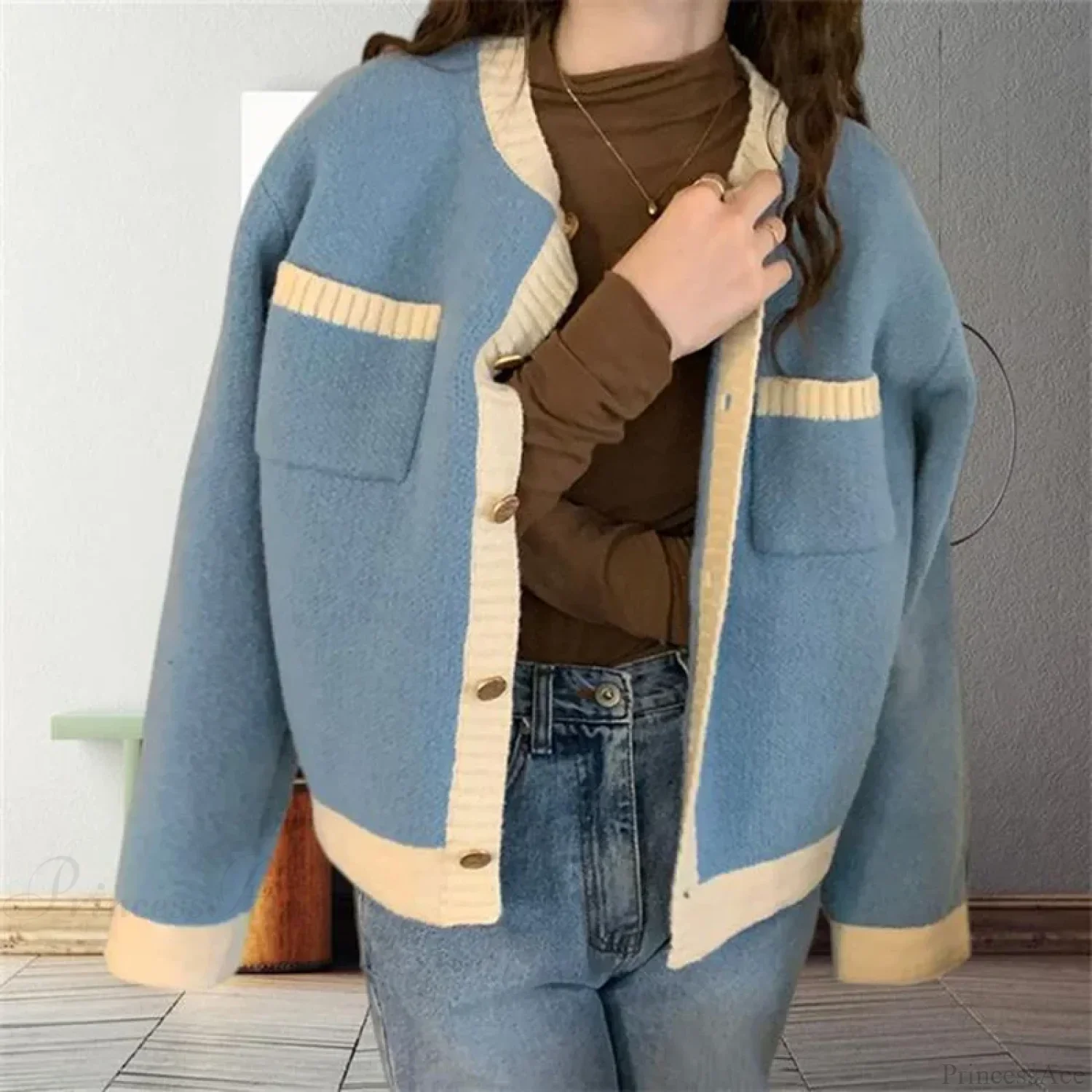 Patchwork Single Breasted Knit Long Sleeve Cardigan - Image 4