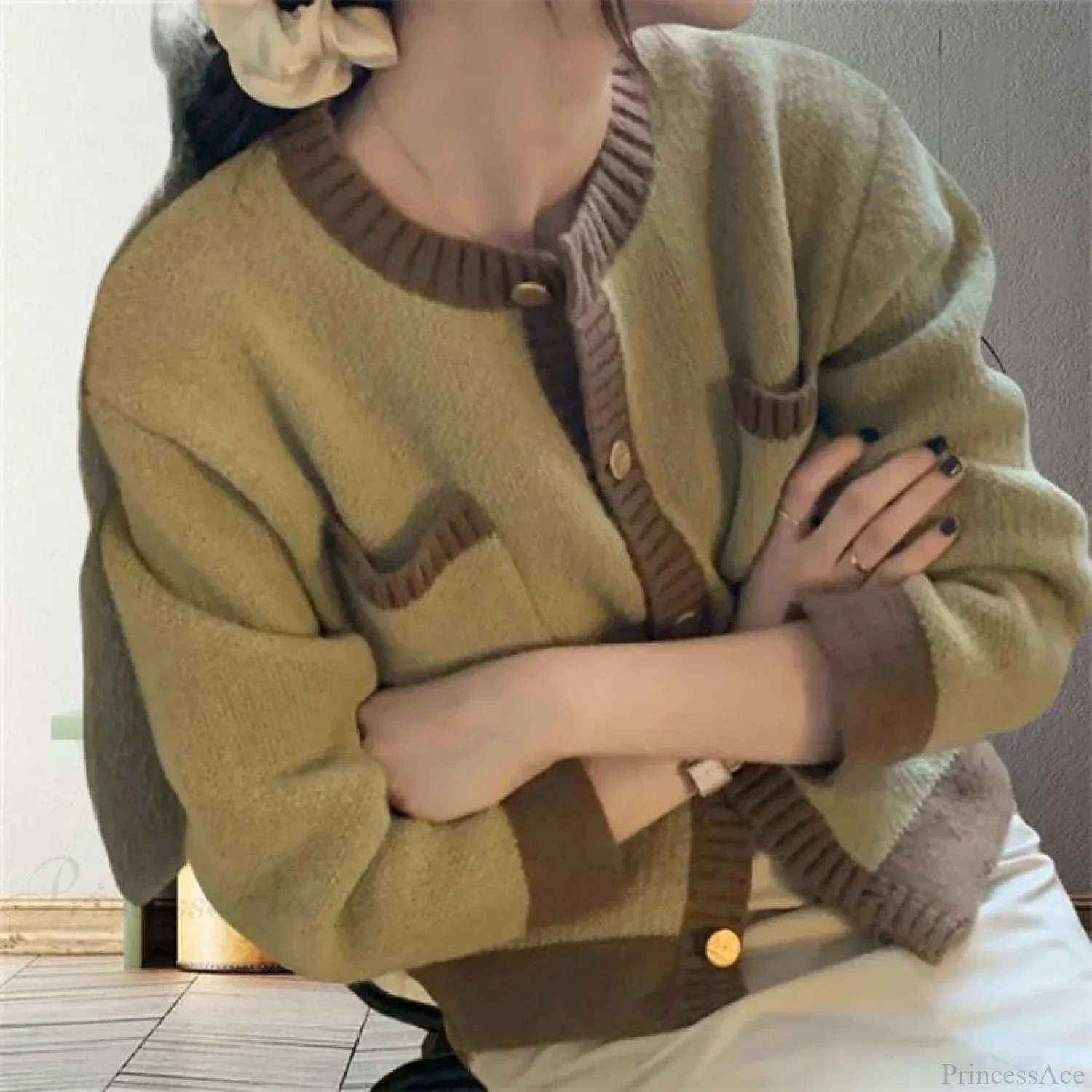 Patchwork Single Breasted Knit Long Sleeve Cardigan - Image 6