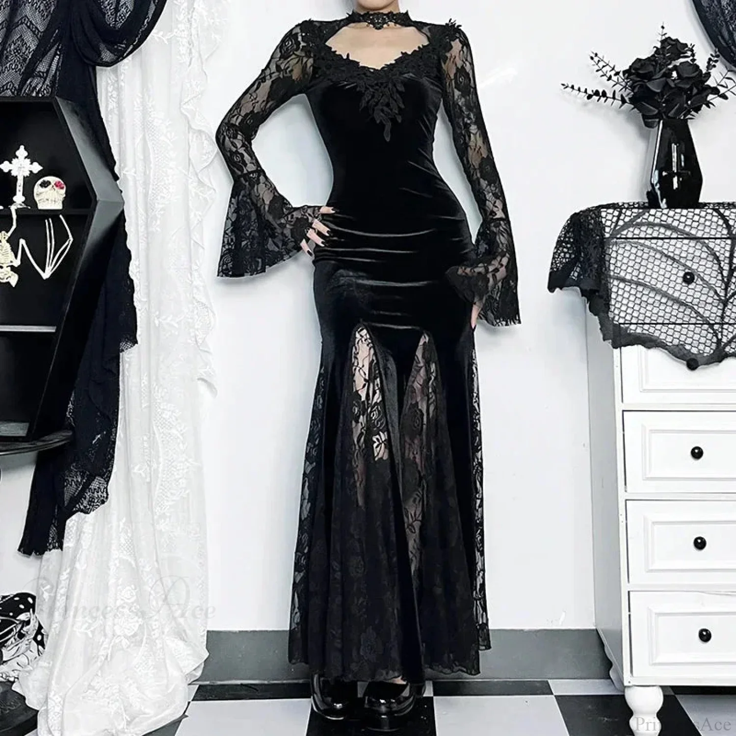 Patchwork Velvet Long Sleeve Midi Dress - Image 3