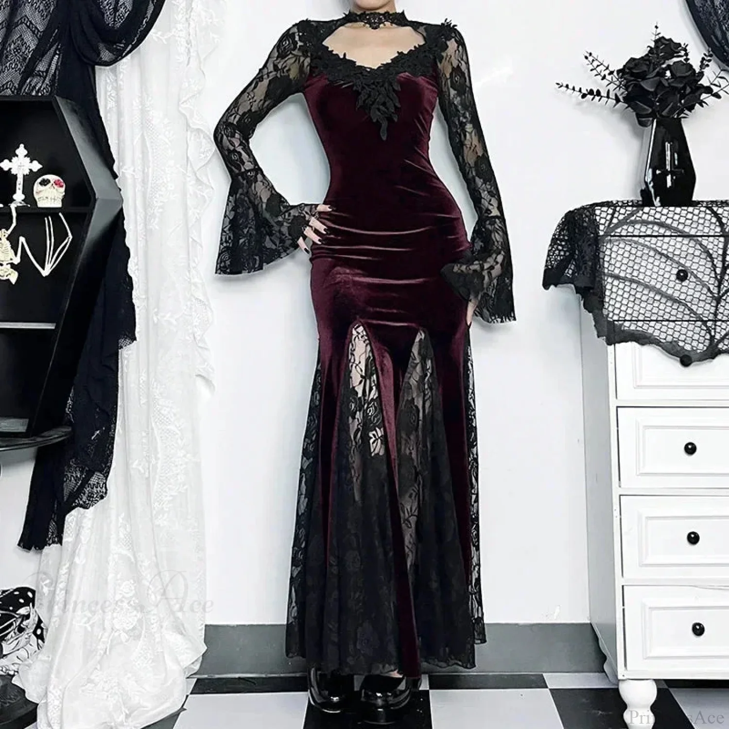Patchwork Velvet Long Sleeve Midi Dress - Image 4